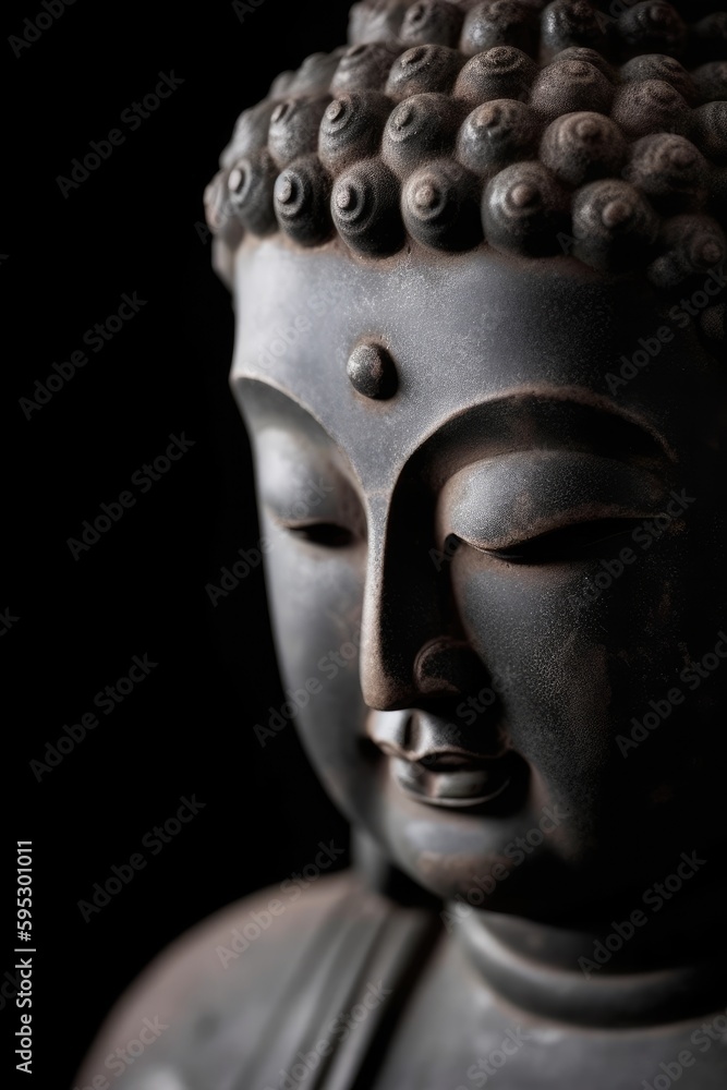 Stone buddha statue closeup with a black background created using generative AI tools Stone buddha statue closeup with a black background created using generative AI tools