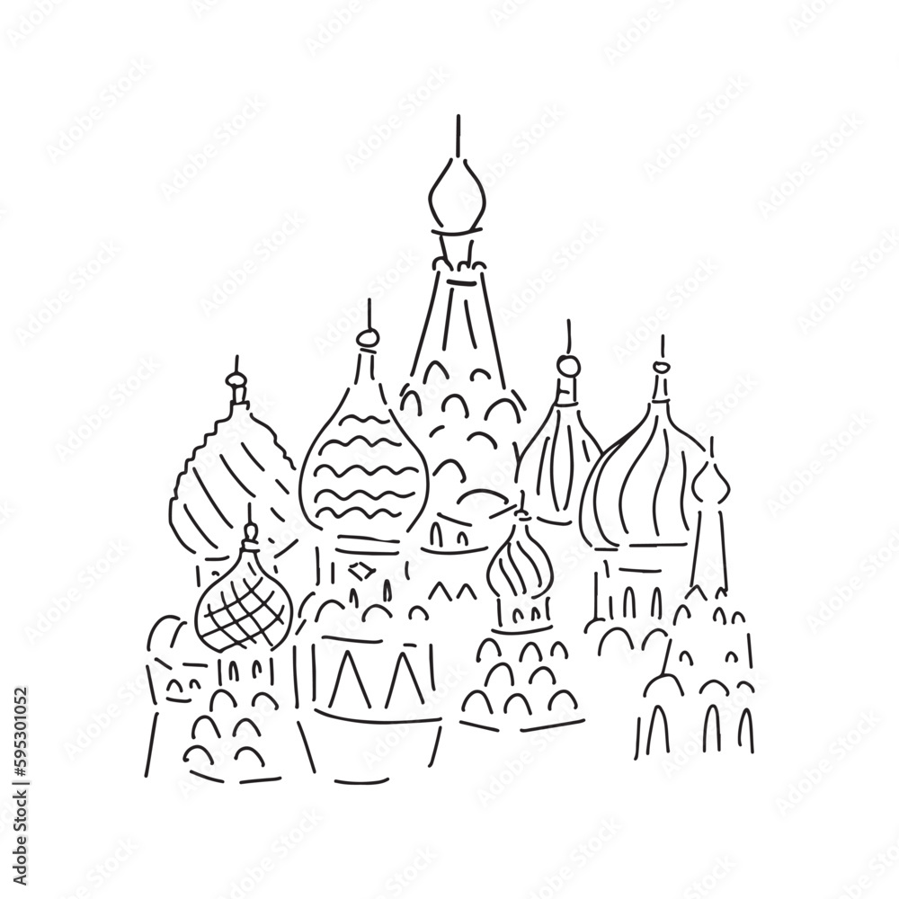 St. Basil 's Cathedral. Moscow map. Russian sights of Moscow. Cute doodle hand drawn black and white illustration