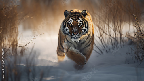 Amur tiger running in the snow