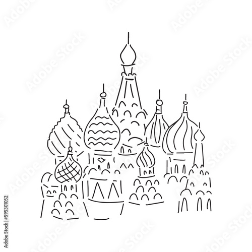 St. Basil 's Cathedral. Moscow map. Russian sights of Moscow. Cute doodle hand drawn black and white illustration