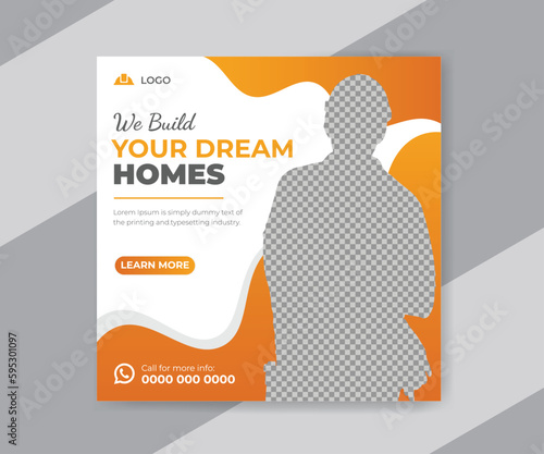 Construction social media post banner design template, we build your dream home business banner or flyer vector background.
