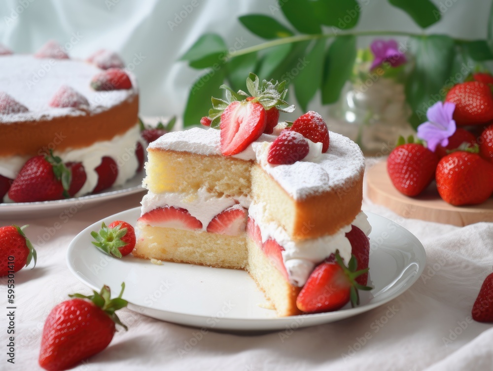 Strawberry sponge cake with fresh strawberries. Generative AI Strawberry sponge cake with fresh strawberries. Generative AI