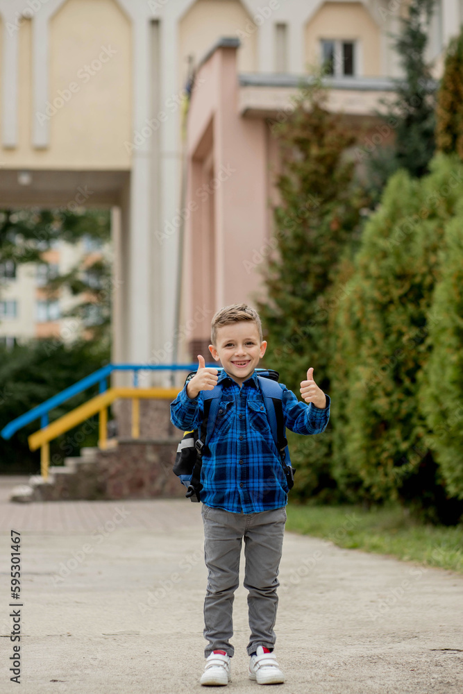 Cheerful mischievous Caucasian schoolboy in blue shirt and school jacket posing showing approval gesture, class. Back to school. Cheerful mischievous Caucasian schoolboy in blue shirt and school jacket posing showing approval gesture, class. Back to school.