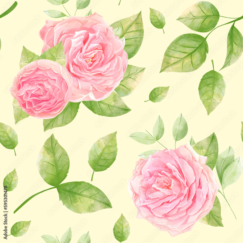 Watercolour roses on cream backround. Flower pattern for textile printing