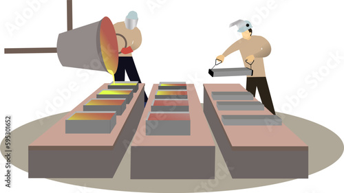 Worker pouring molten brass in brass foundry vector illustration, Worker controlling metal smelting in furnace illustration, Pouring molten metal into mold in foundry metal factory concept