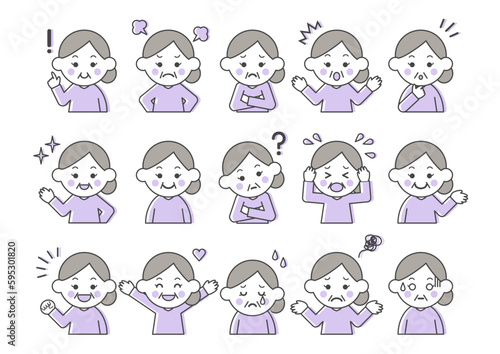 シニア女性の表情とポーズのイラストセット