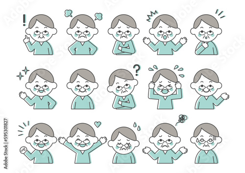 シニア男性の表情とポーズのイラストセット