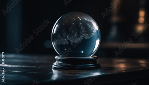 Transparent sphere reflects world map on table generated by AI