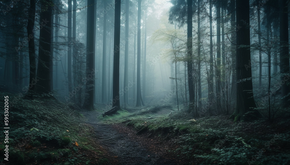 Spooky forest trail leads to mystery unrealized generated by AI