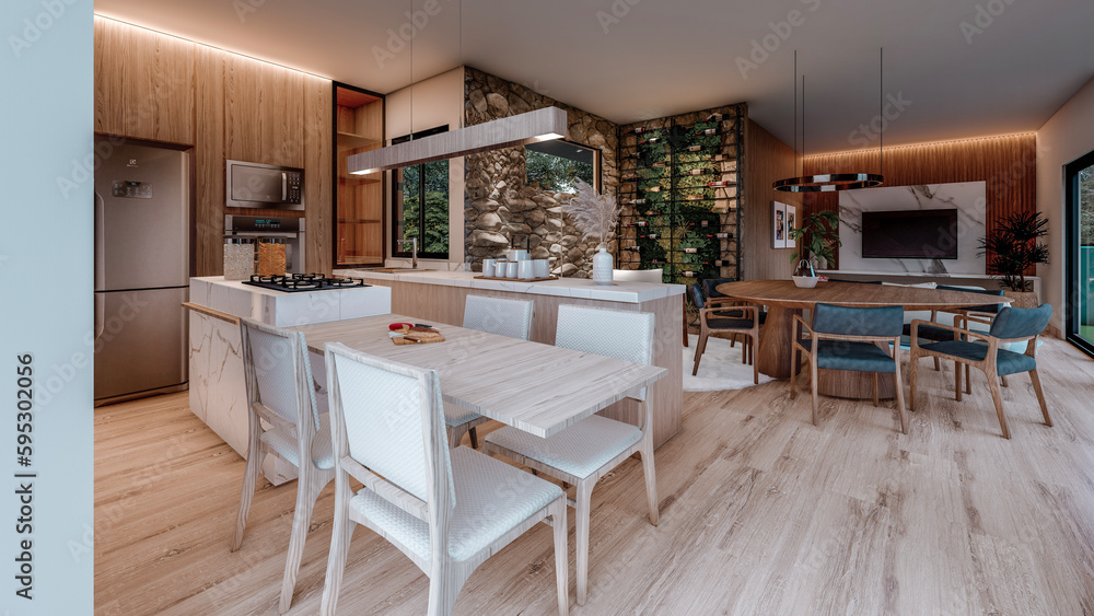 Interior design of a kitchen and living room. 3D image, rendered image.