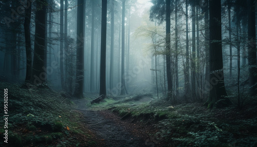 Spooky forest trail leads to mystery unrealized generated by AI