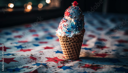 Indulgent homemade ice cream cone, creamy chocolate sweetness generated by AI