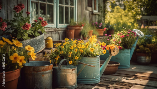 Fresh blooms in rustic pot bring summer's charm generated by AI