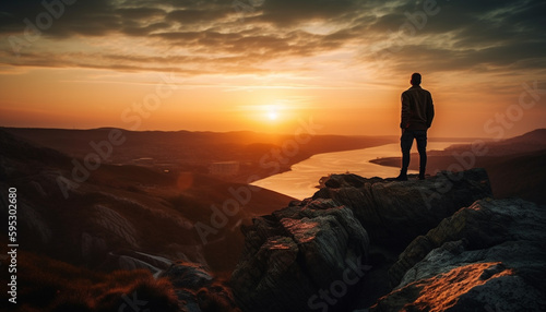 Silhouette standing on mountain peak at sunrise generated by AI © Jeronimo Ramos
