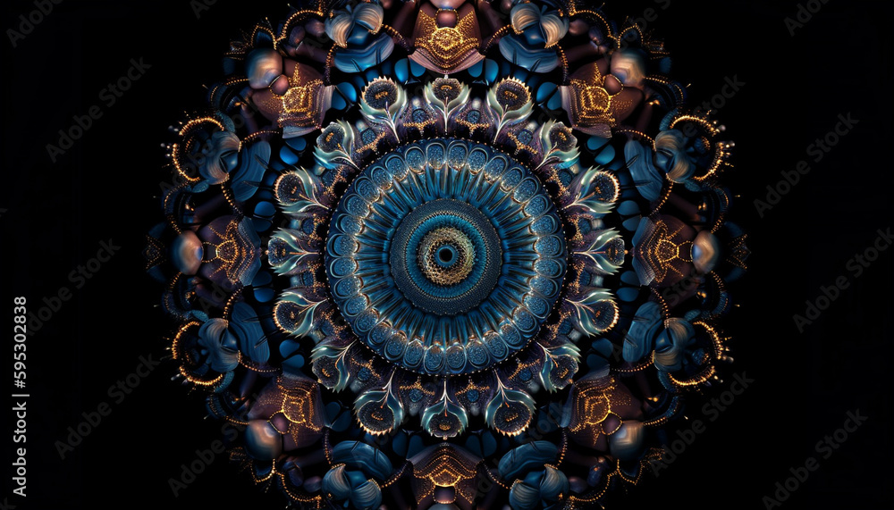 Fototapeta premium Meditating Buddha finds serenity in mandala backdrop generated by AI