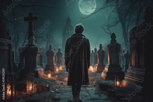 Man graveyard gothic night. Generate Ai