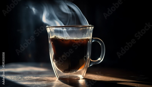 Hot coffee steam rises from dark mug generated by AI