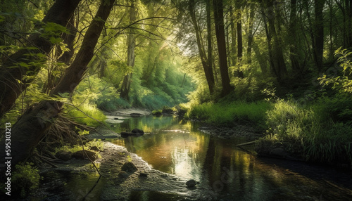 Tranquil scene of autumn forest reflected in pond generated by AI
