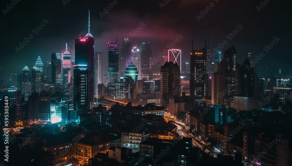 Glowing urban skyline illuminates modern city life generated by AI
