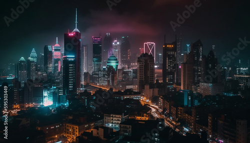 Glowing urban skyline illuminates modern city life generated by AI © Jeronimo Ramos