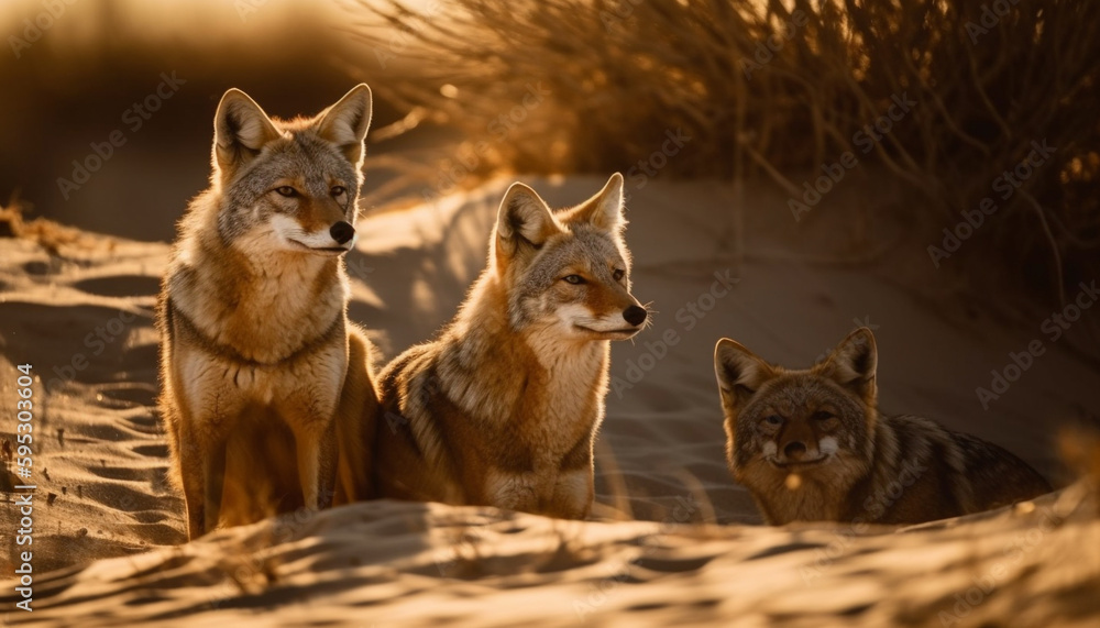 Obraz premium Wild dogs sitting in grass, enjoying sunset generated by AI