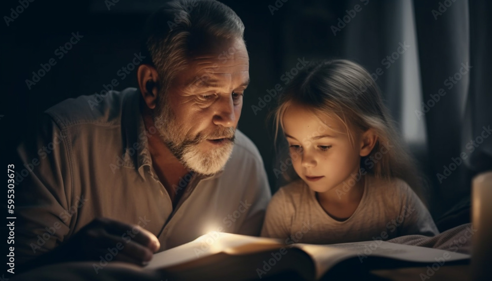 Multi generational family reading Bible together at night generated by AI Multi generational family reading Bible together at night generated by AI