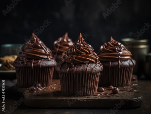 chocolate cupcake on dark wooden background. Generative AI
