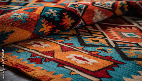 Vibrant homemade kilim, woven with wool patterns generated by AI