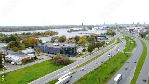Panoramic view of Riga, Krasta street, Daugava river, TV and radio tower. Latvia photo