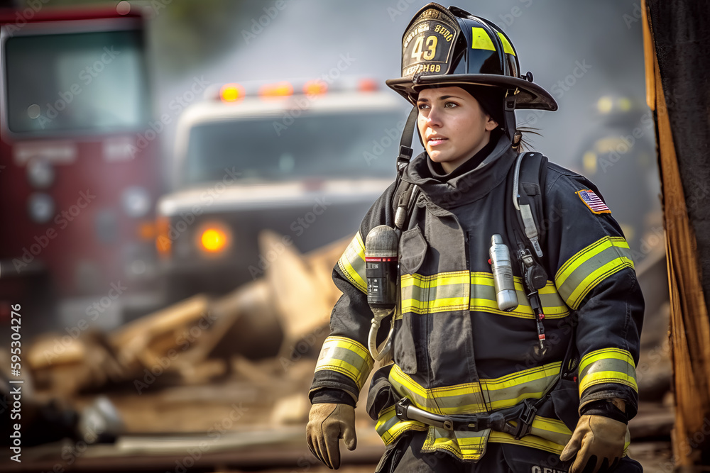 WOMAN FIREFIGHTER AND FIRE TRUCK IN A FIRE. AI ILLUSTRATION. COLOR. HORIZONTAL. WOMAN FIREFIGHTER AND FIRE TRUCK IN A FIRE. AI ILLUSTRATION. COLOR. HORIZONTAL.