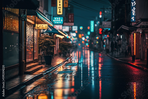 Wet City Asian Streets. Generative AI.
A digital painting of a rainy narrow street in an Asian city or neighborhood.