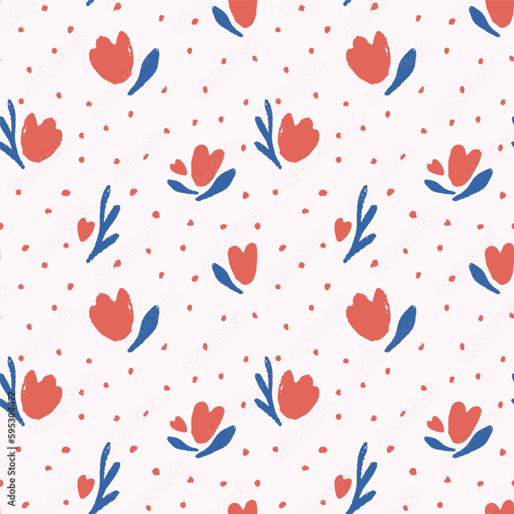 Hand drawn abstract tulip flowers seamless pattern on light background. Repeating floral vector pattern. Cute tulips with blue leaves print for ben linen