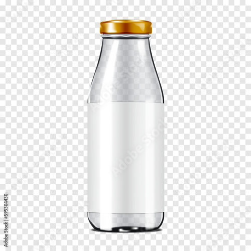 Clear empty glass bottle with metal cap and white blank label on transparent background realistic vector mockup. Milk, juice or other drink packaging mock-up. Template for design