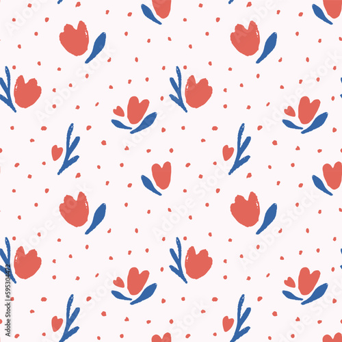 Hand drawn abstract tulip flowers seamless pattern on light background. Repeating floral vector pattern. Cute tulips with blue leaves print for ben linen