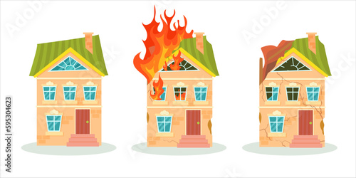 A destroyed building after a fire or an earthquake. Ruined city buildings after the war. Damaged city with old broken dilapidated housing. Vector illustration isolated on white background.