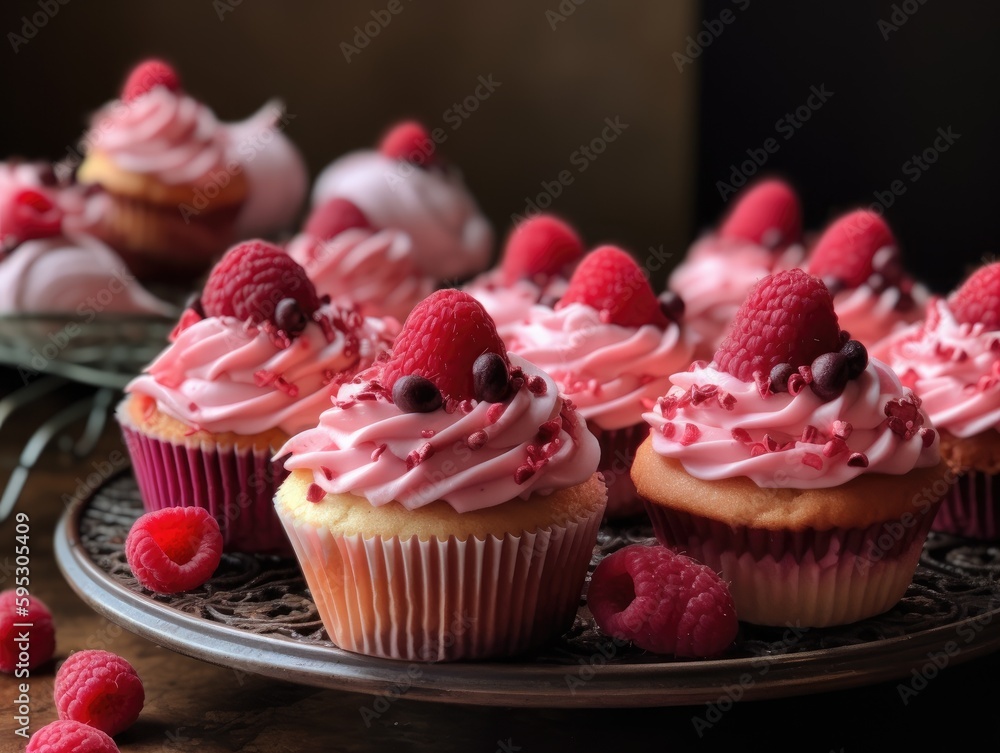 Homemade pink sweet cupcakes strawberries. Generative AI
