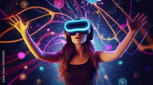 A stunning woman in a virtual reality headset floating, happy, and surrounded by lights, colors, and brightness. AI generator © Sawitree88