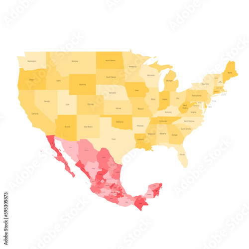 United States and Mexico political map of administrative divisions. Colorful vector map with labels.