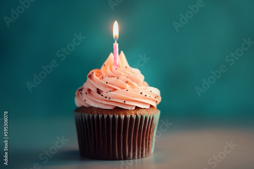 Chocolate cupcake with birthday candle, pink frosting and sugar sprinkles. Generative AI illustration