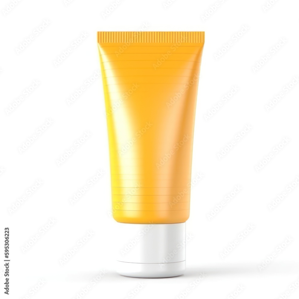 Cosmetics liquid container template. Sunscreen yellow tube isolated on white background, Generative AI