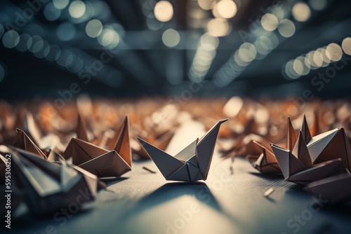 An origami bird among identical planes, symbolizing leadership. 3D rendering. Generative AI