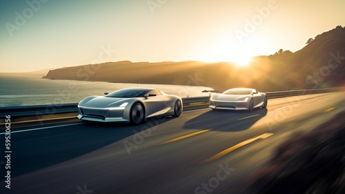 The ocean may be seen in the backdrop as futuristic automobiles go along the coastline. AI generation © Sawitree88