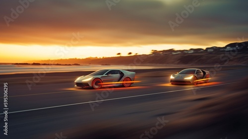 The ocean may be seen in the backdrop as futuristic automobiles go along the coastline. AI generation