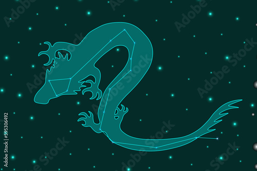 A large horizontal banner with the constellation Draco. Dragon in the starry sky. Astronomical poster. Vector illustration. 