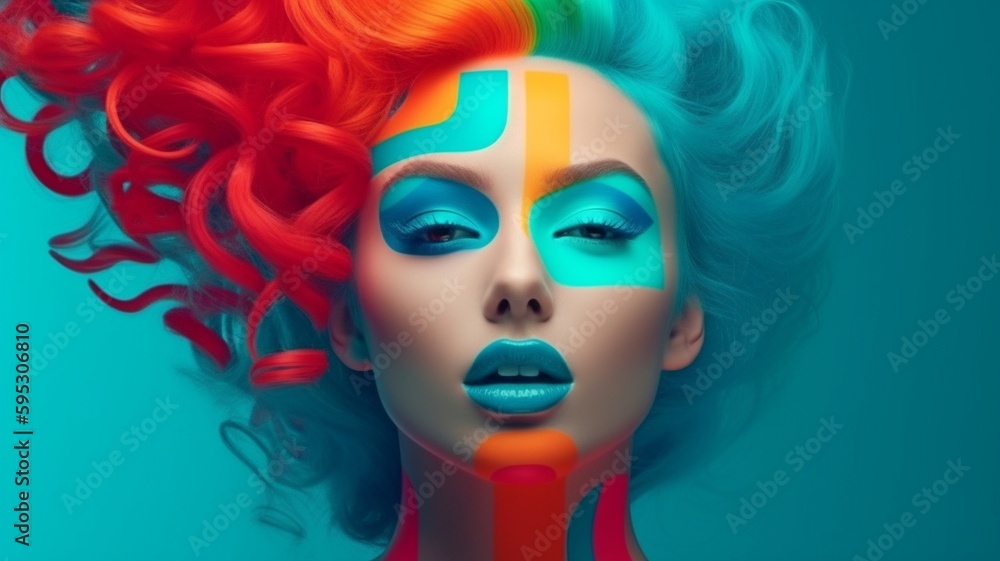 Beautiful model with huge lips, long eyelashes, colorful hair, 3D geometric forms around her, and contemporary pop art-inspired apparel.  AI generator