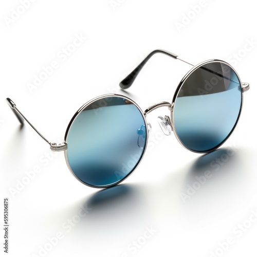 Sunglasses isolated on white background, round metal frame, blue color mirror glasses, Generative AI