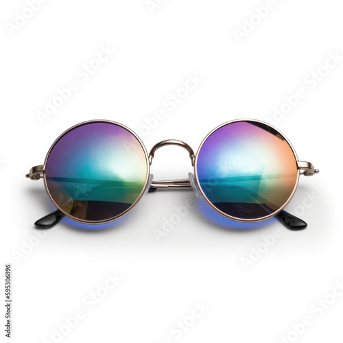 Sunglasses isolated on white background, round metal frame, colorfull mirror glasses, Generative AI