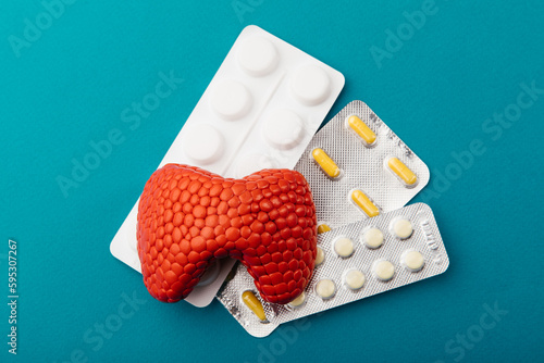 Model of thyroid and pills on a blue background, top view