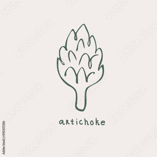 Artichoke illustration. Edible flower bud, healthy vegetable. Fresh hand drawn artichoke in simple sketch style with lettering. Artistic vector illustration