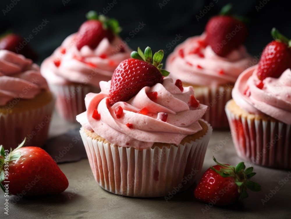 Homemade pink sweet cupcake with strawberries. Generative AI Homemade pink sweet cupcake with strawberries. Generative AI